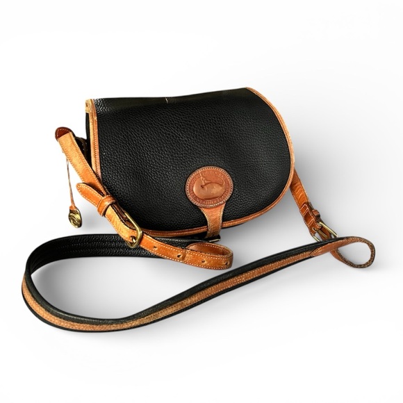 Dooney & Bourke Handbags - Dooney & Bourke Black Tan All Weather Pebbled Leather Crossbody Saddle Bag USA